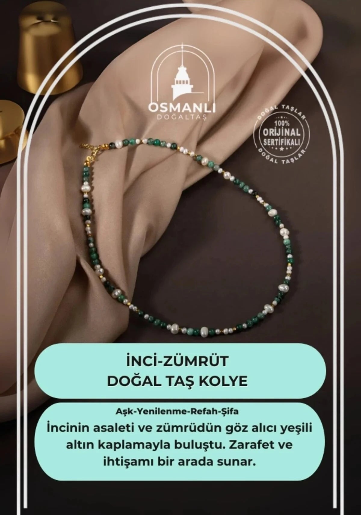 İnci-Zümrüt Doğal Taş Altın Kaplama Kapama Kolye