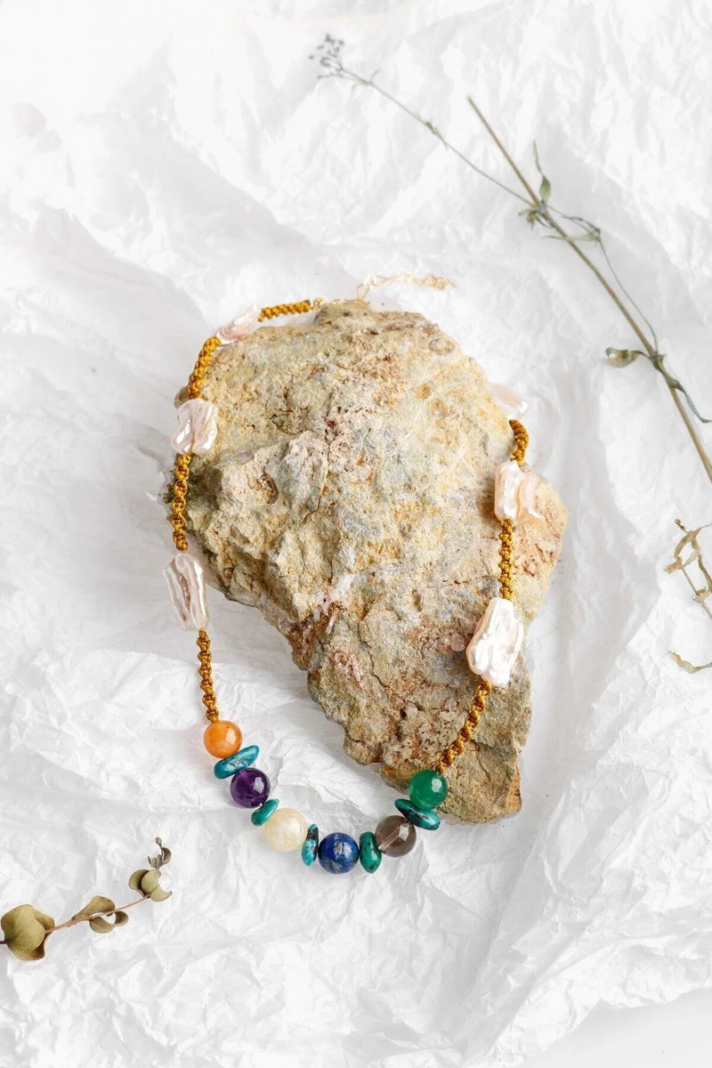 Çakra İnci Kolye Ametist, Dumanlı Kuvars, İnci, Lapis Lazuli, Sitrin