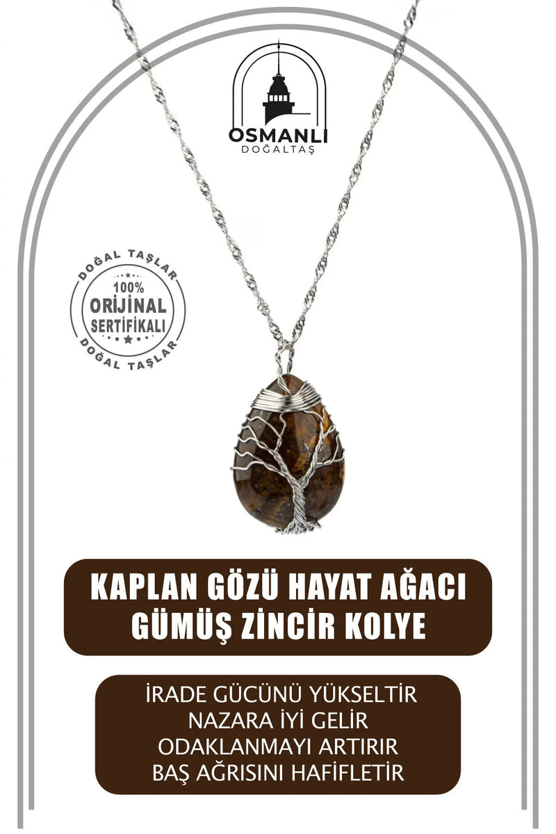Kaplan Gözü Hayat Ağacı Doğal Taş Gümüş Zincir Kolye