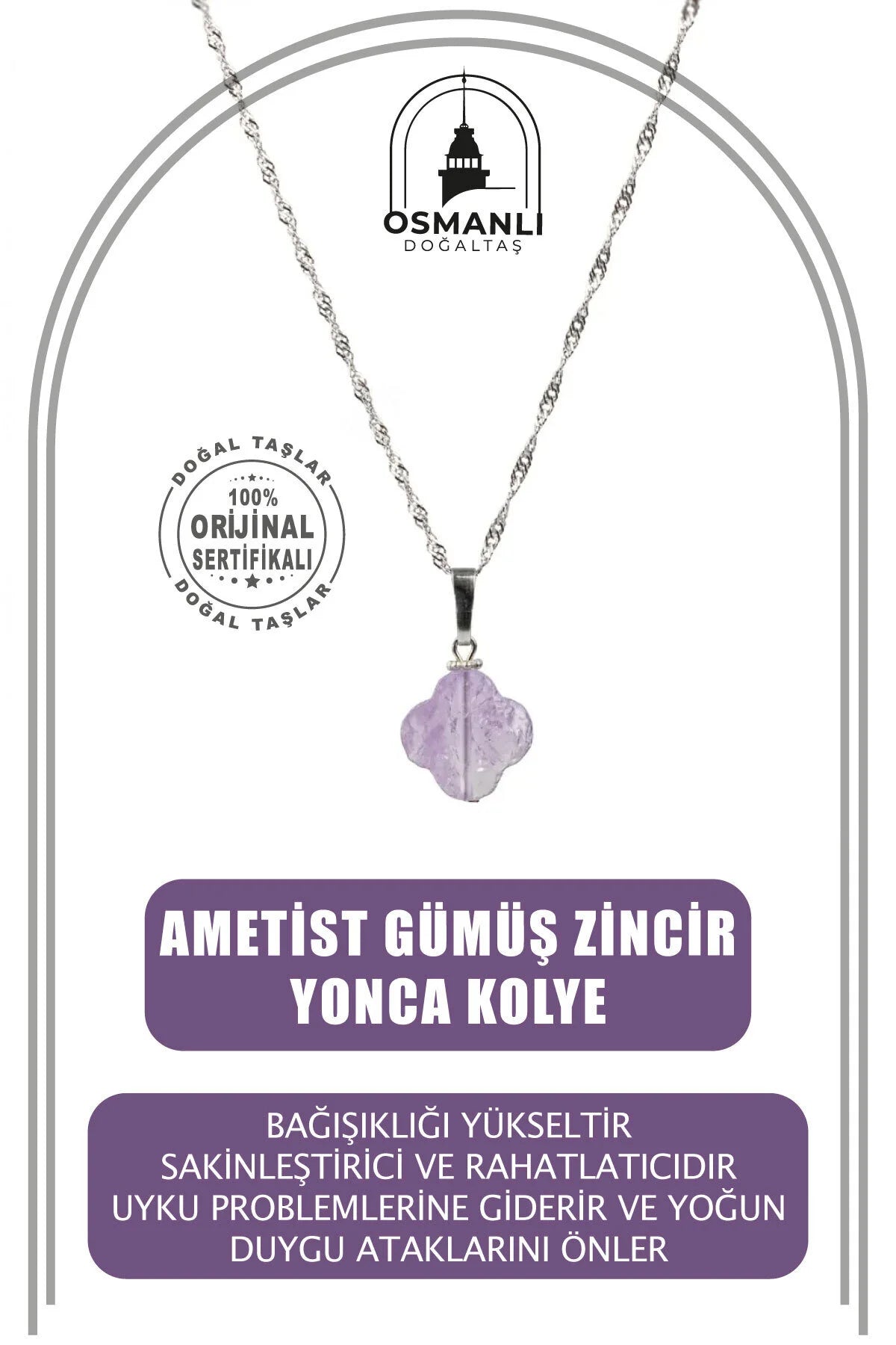 Ametist Doğal Taş Gümüş Zincir Yonca Kolye