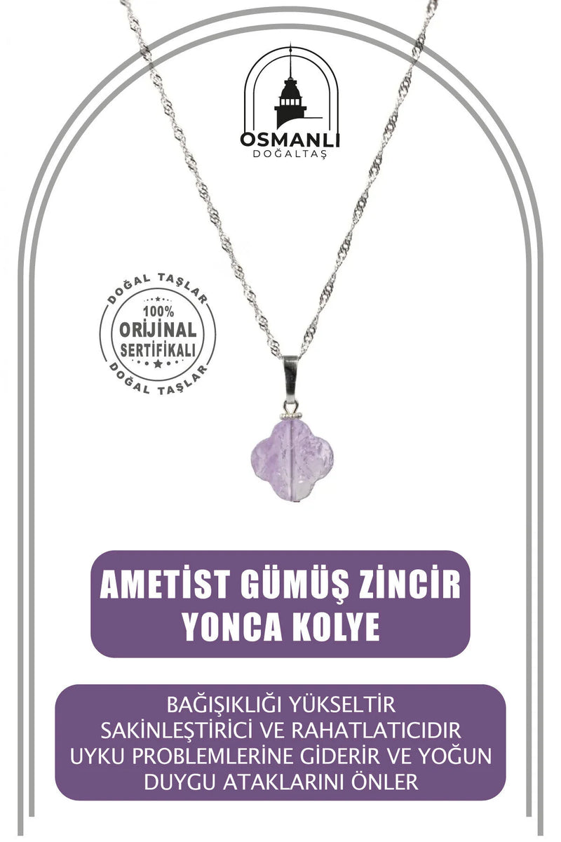 Ametist Doğal Taş Gümüş Zincir Yonca Kolye