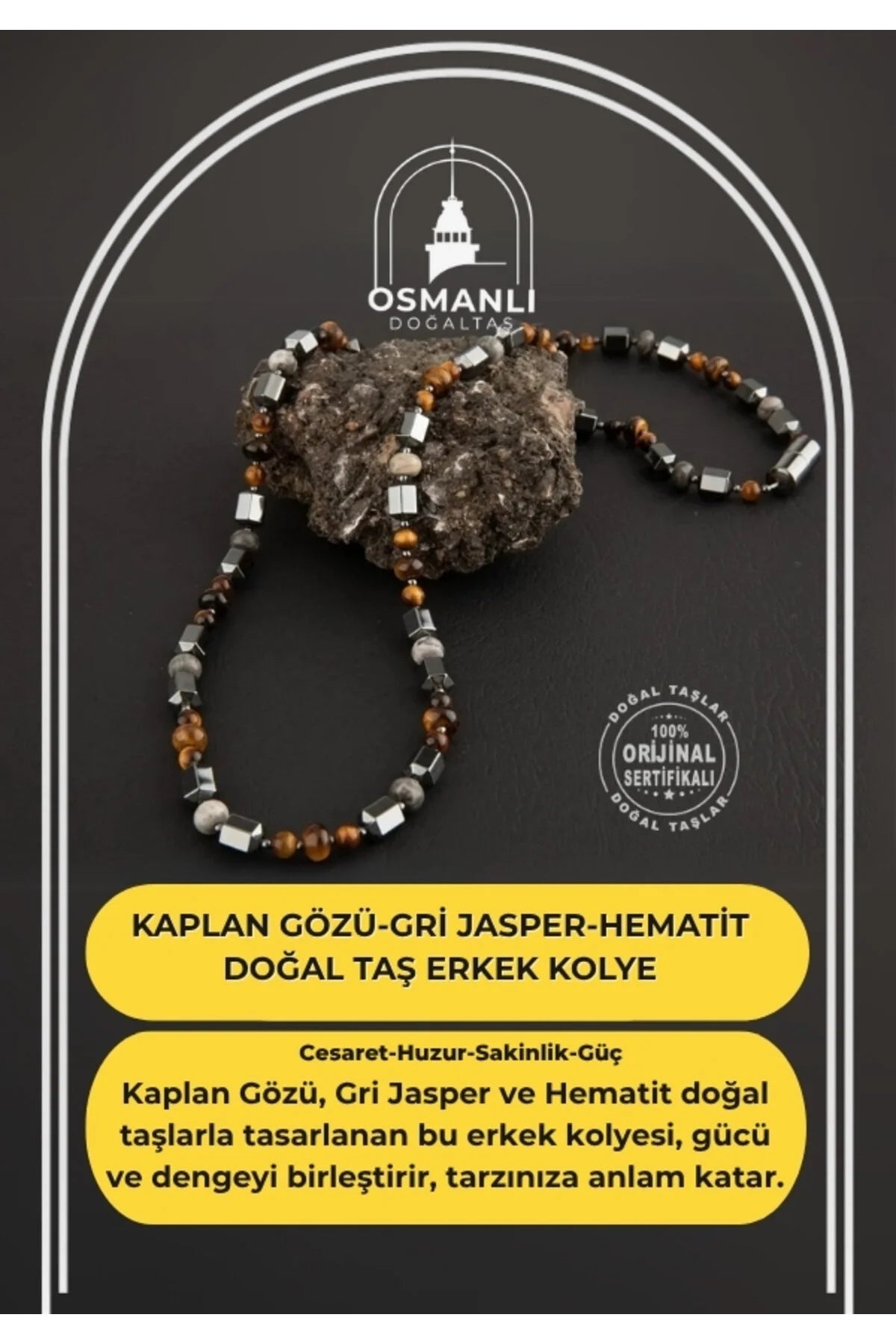 Kaplan Gözü-Gri Jasper-Hematit Doğal Taş Erkek Kolye