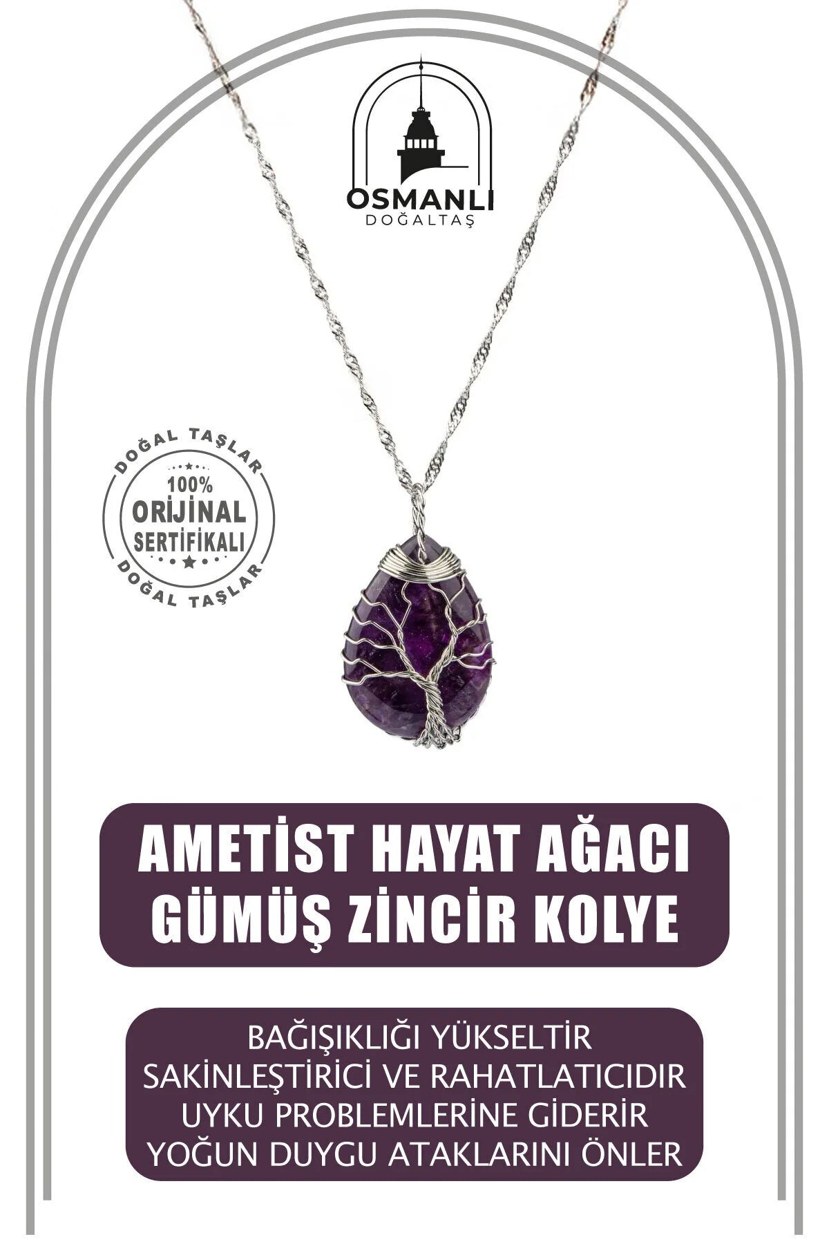 Ametist Hayat Ağacı Doğal Taş Gümüş Zincir Kolye