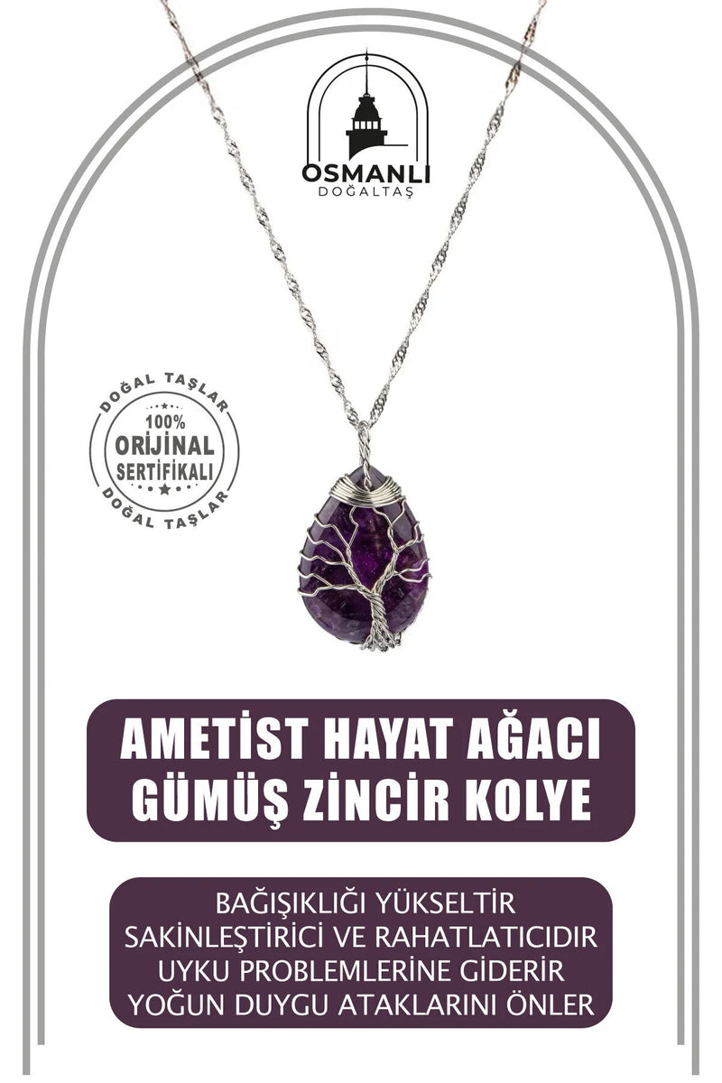 Ametist Hayat Ağacı Doğal Taş Gümüş Zincir Kolye