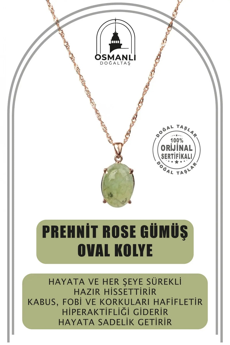 Prehnit Doğal Taş Rose Gümüş Oval Kolye