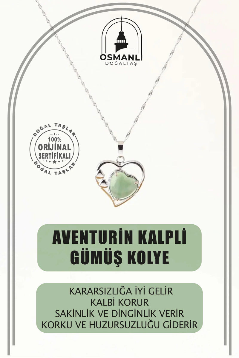 Aventurin Doğal Taş Kalpli Kolye, Gümüş Zincir