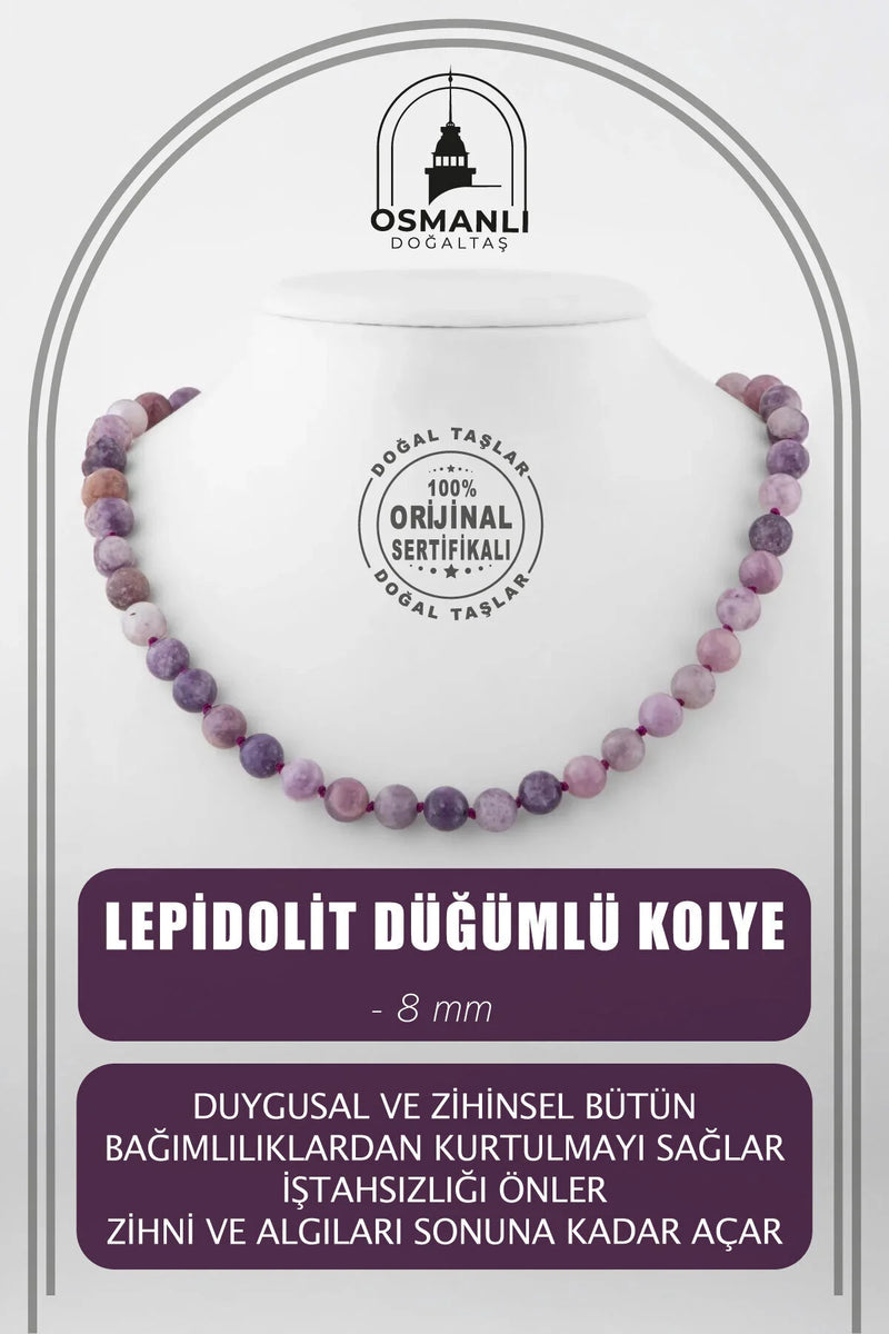 Lepidolit 8 mm Düğümlü Doğal Taş Kolye