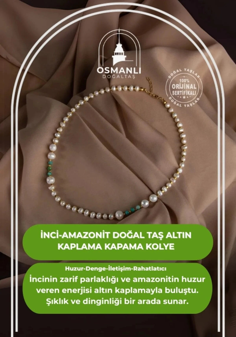 İnci-Amazonit Doğal Taş Altın Kaplama Kapama Kolye