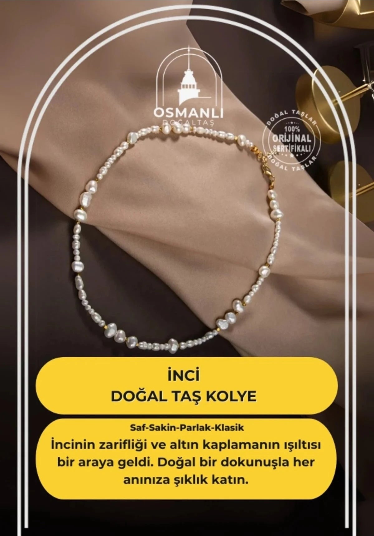 İnci Altın Kaplama Doğal Taş Kolye