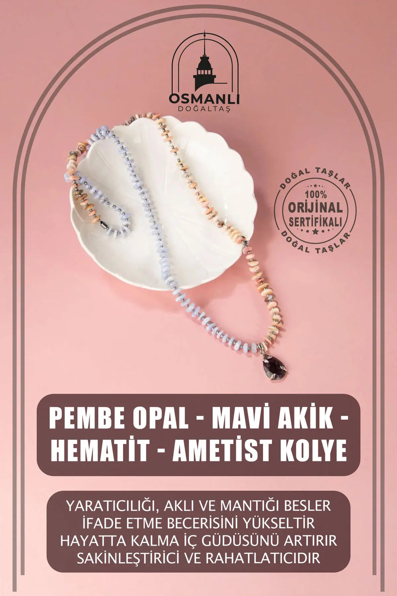 Pembe Opal-Mavi Akik-Hematit-Ametist Doğal Taş Kolye