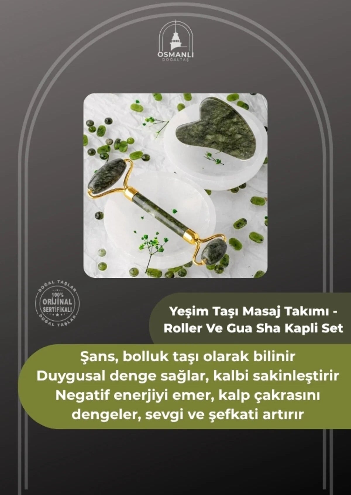Yeşim Taşı Masaj Takımı - Roller ve Gua Sha Kapli Set