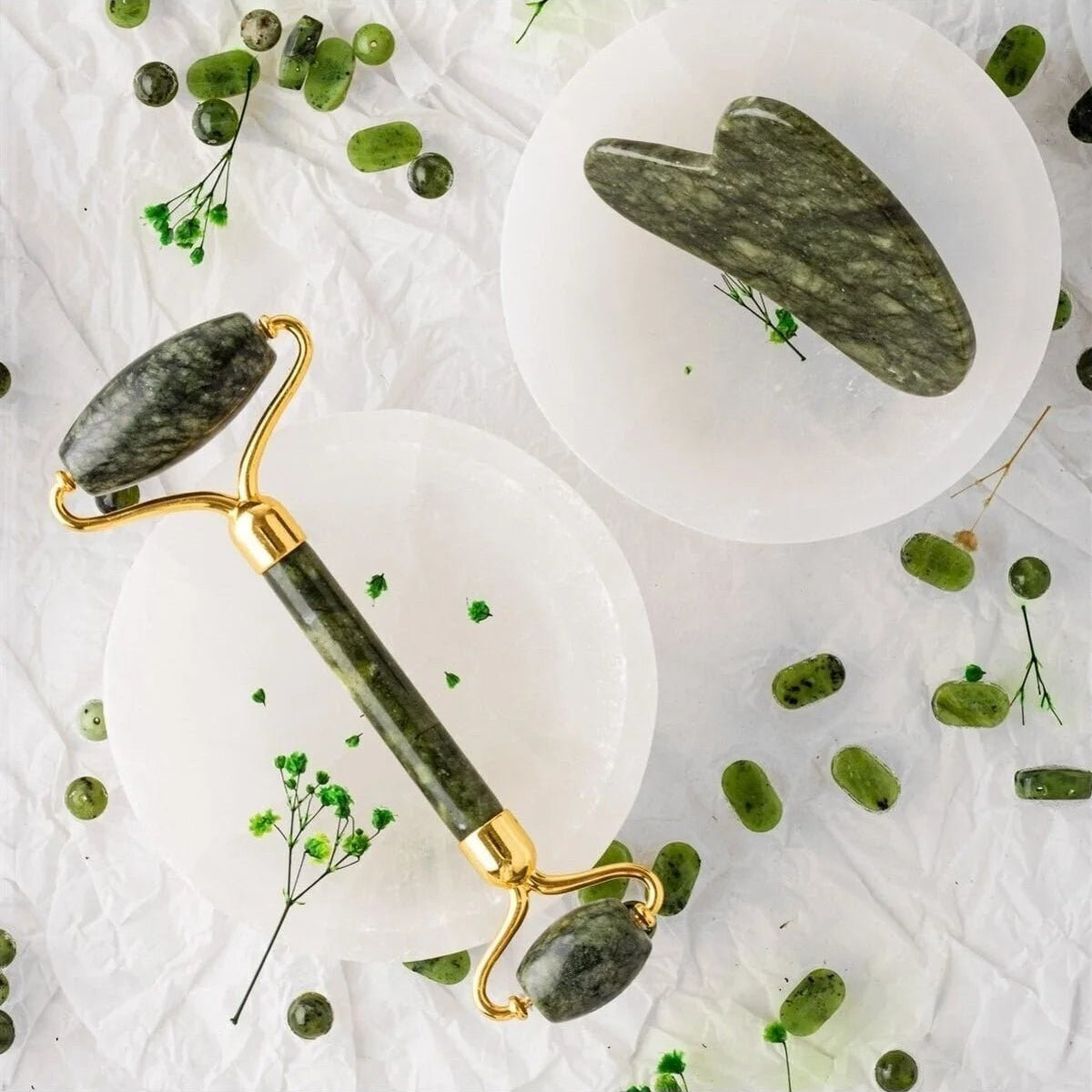 Yeşim Taşı Masaj Takımı - Roller ve Gua Sha Kapli Set