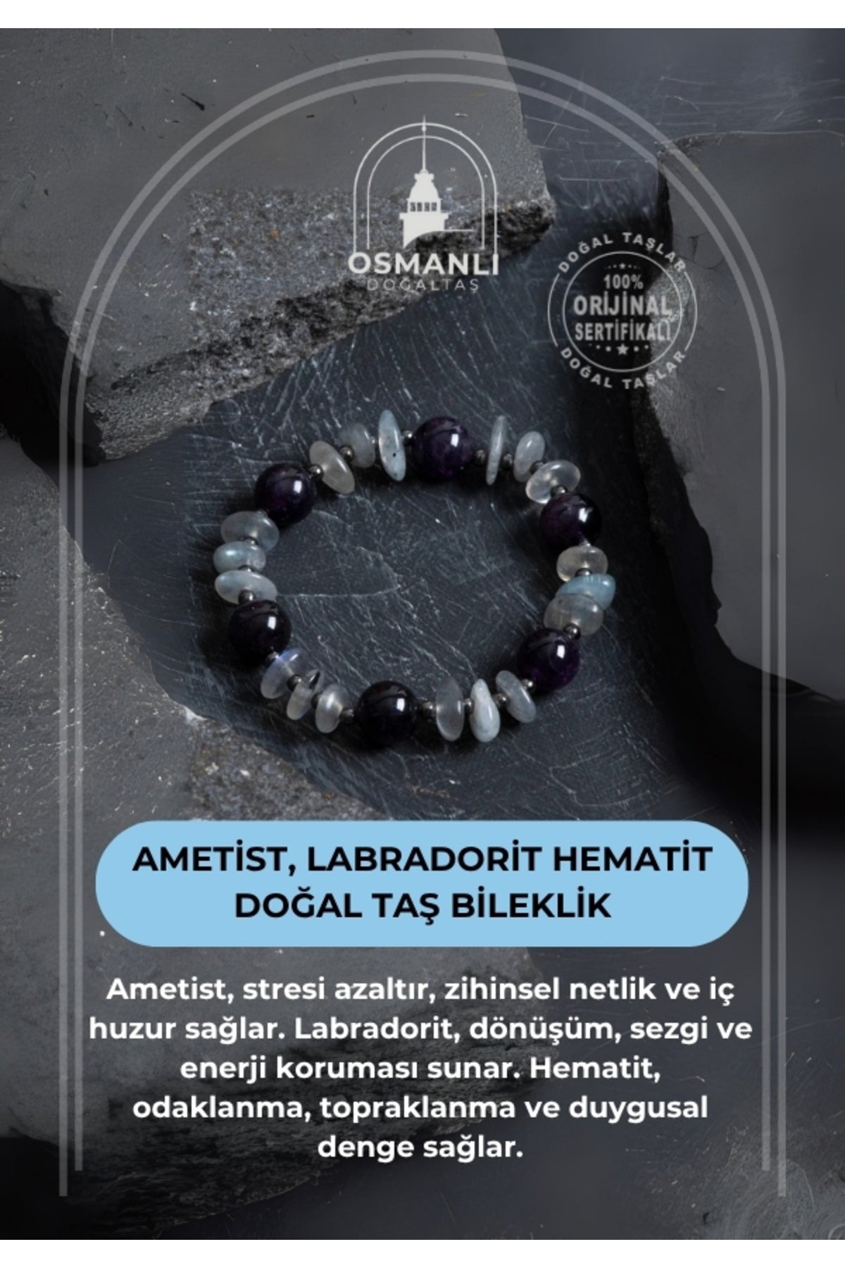 Sertifikalı Ametist, Labradorit Hematit Doğal Taş Bileklik