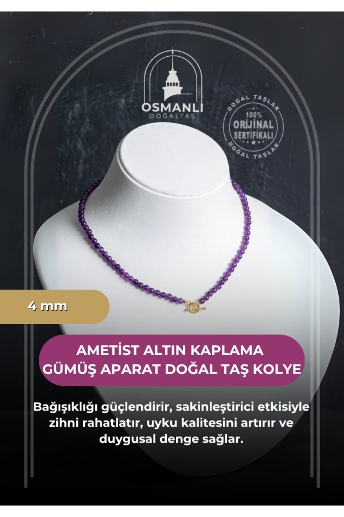 Sertifikalı Ametist Altın Kaplama Gümüş Aparat Doğal Taş Kolye