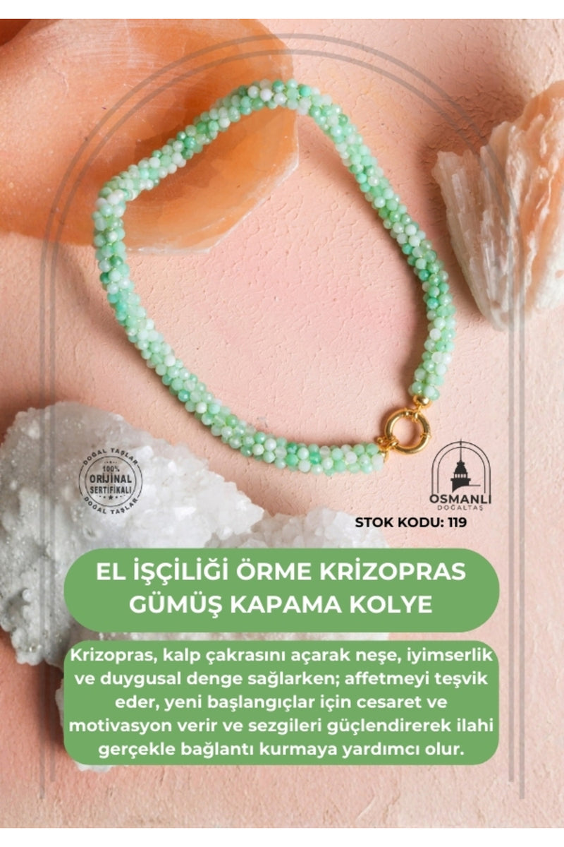 Sertifikalı El İşçiliği Örme Krizopras Gümüş  Kapama Kolye (SK:119)