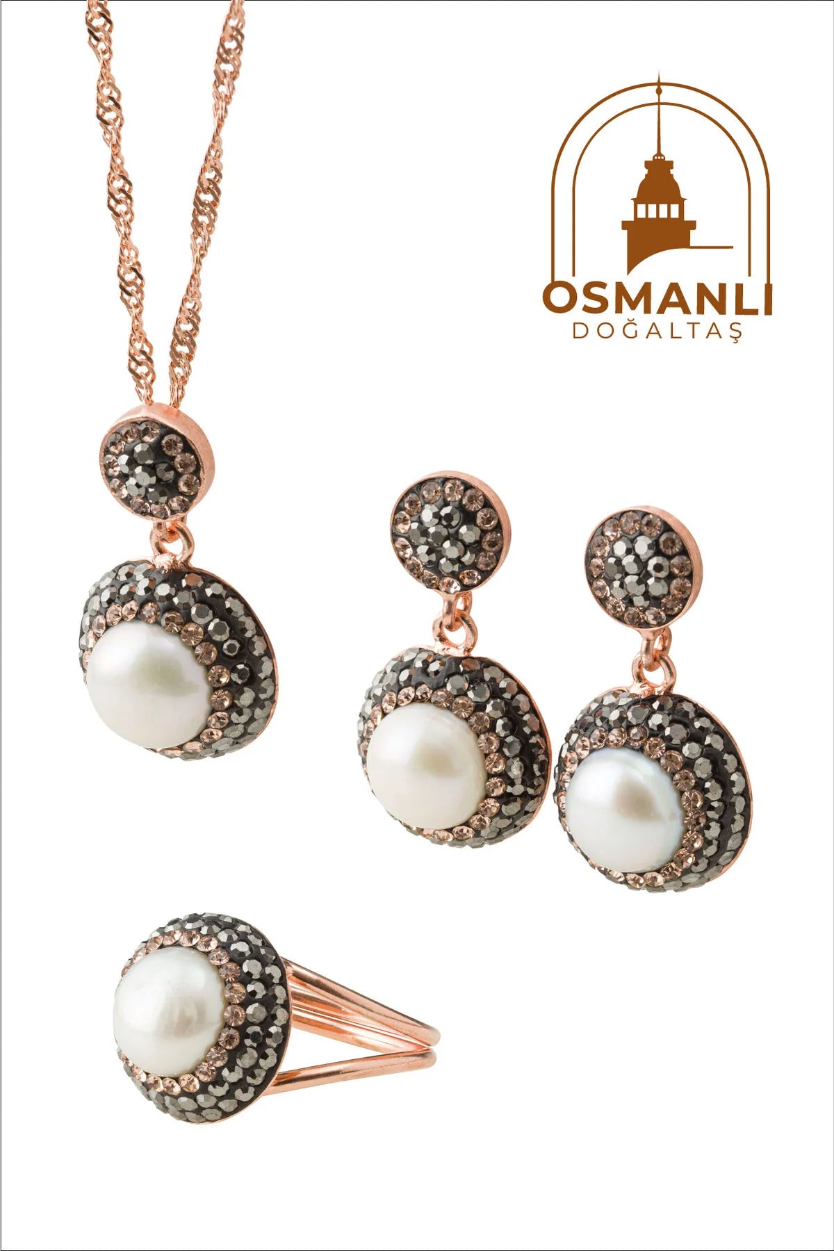 Sertifikalı Hakiki Orijinal İnci Yüzük-Küpe-Kolye Seti 925 Ayar Gümüş Takım