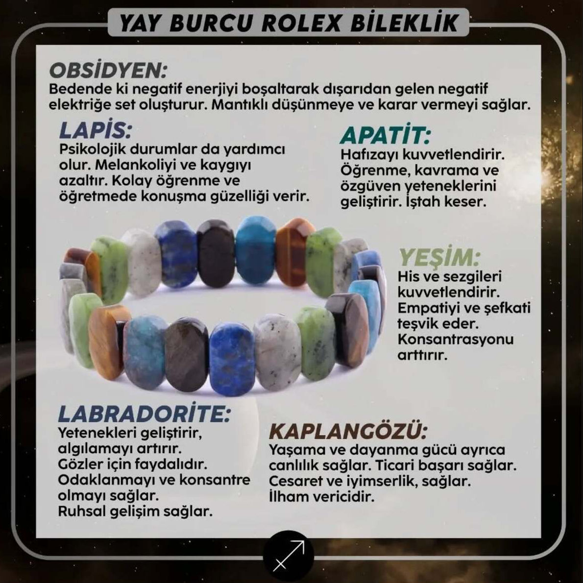 Sertifikalı Yay Burcu Roleks Doğal Taş Bileklik (SK:348)