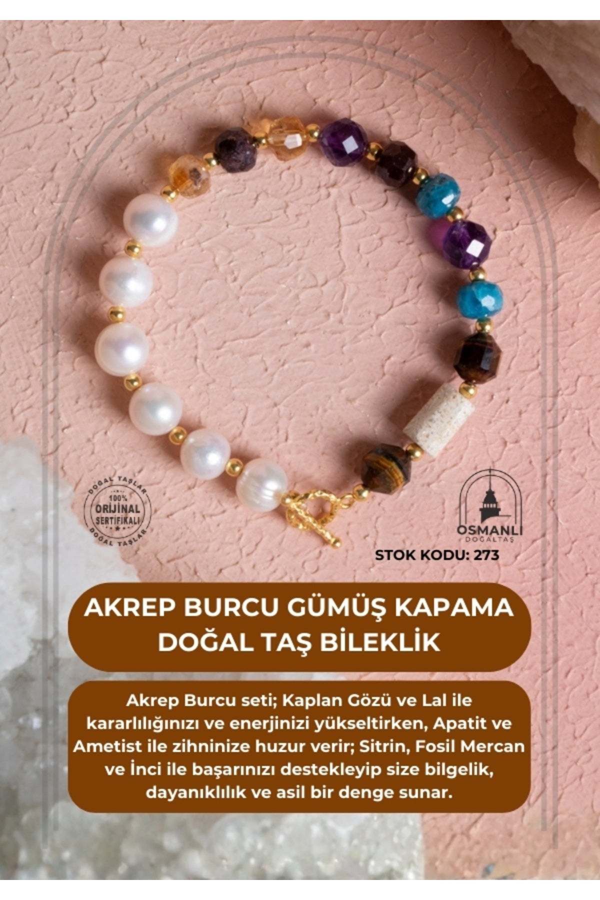 Sertifikalı Akrep Burcu Gümüş Kapama Doğal Taş Bileklik (SK:273)