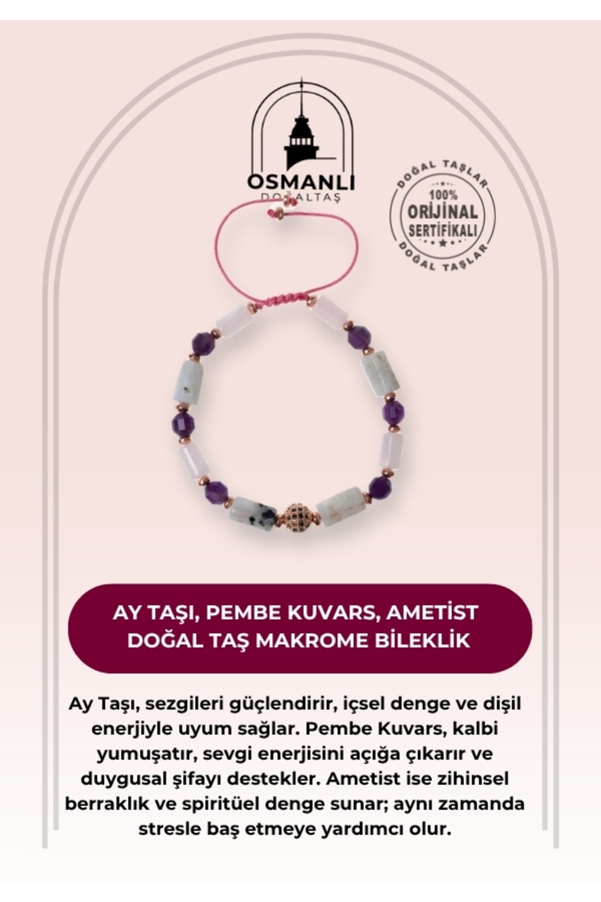 Sertifikalı Ay Taşı, Pembe Kuvars, Ametist Doğal Taş Makrome Bileklik