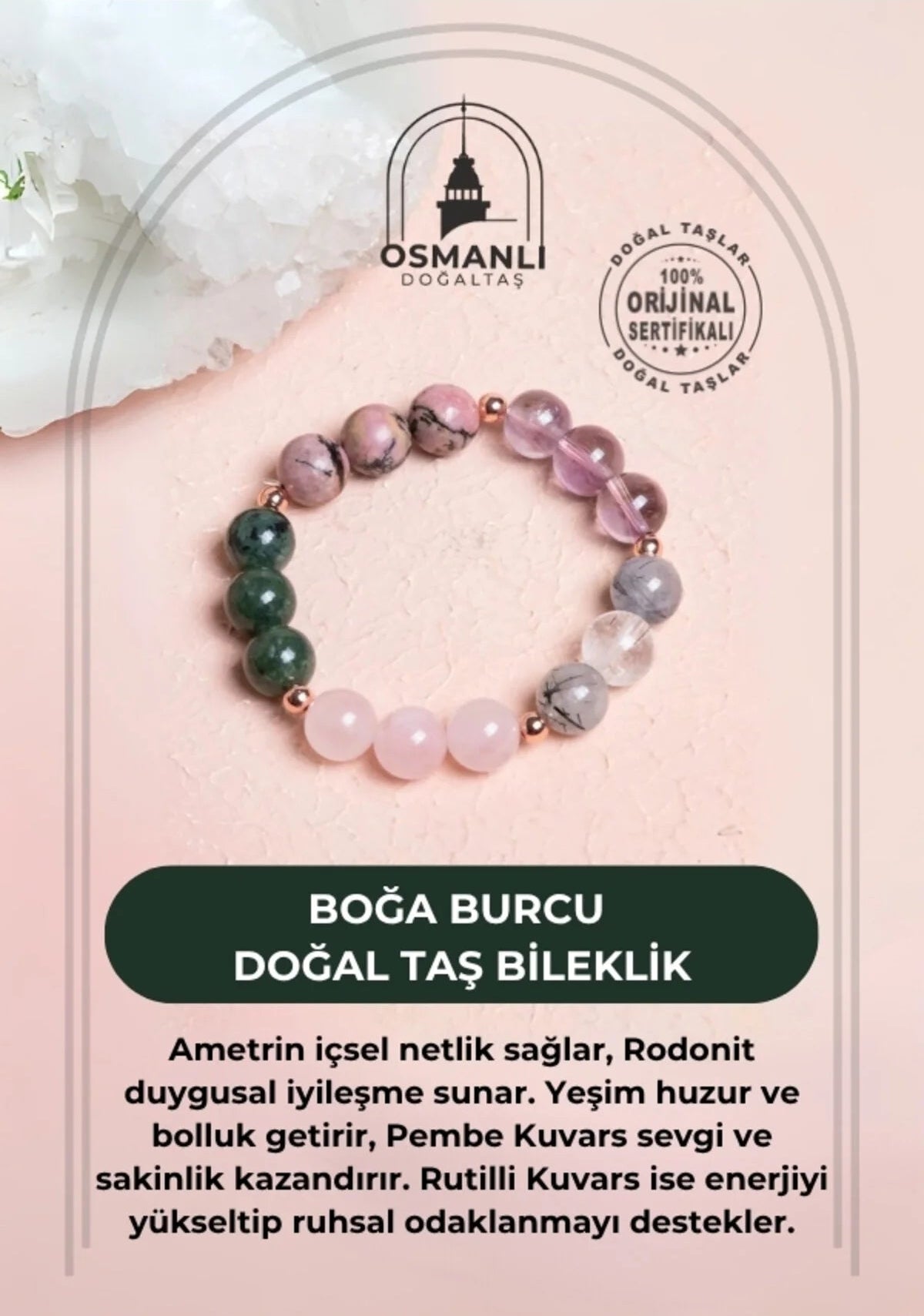 Sertifikalı Burç Doğal Taş Bileklik - Boğa Burcu