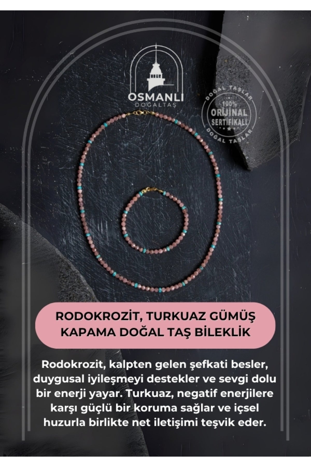 Sertifikalı Rodokrozit, Turkuaz Gümüş Kapama Doğal Taş Set