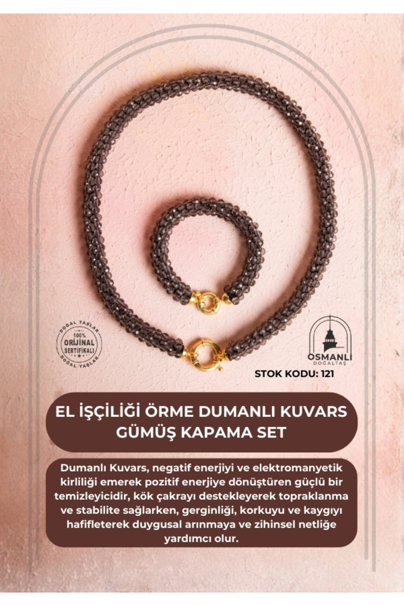 Sertifikalı El İşçiliği Örme Dumanlı Kuvars Gümüş Kapama Set (SK:121)