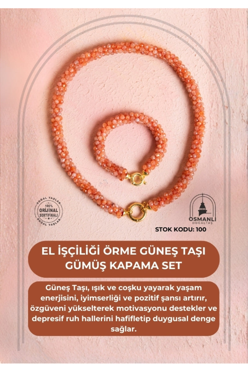 Sertifikalı El İşçiliği Örme Güneş Taşı Gümüş Kapama Set (SK:100)