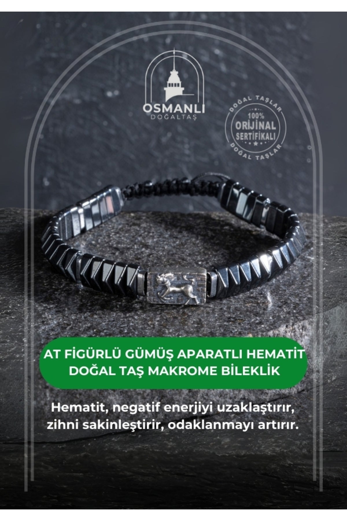 Sertifikalı At Figürlü Gümüş Aparatlı Hematit Doğal Taş Makrome Bileklik