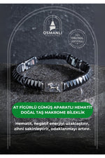 Sertifikalı At Figürlü Gümüş Aparatlı Hematit Doğal Taş Makrome Bileklik