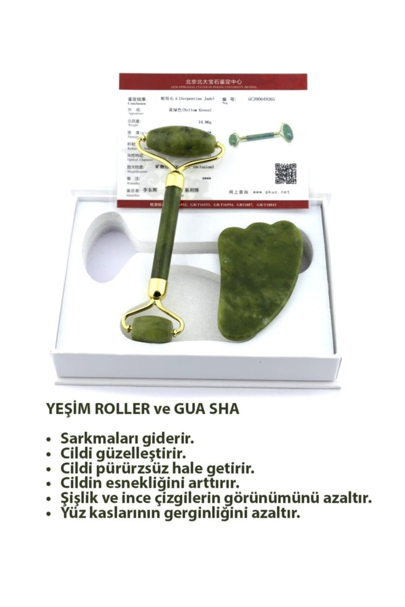 Sertifikalı 1.sınıf Yeşim Masaj Taşı Roller Ve Kaz Ayaklı Gua Sha Set ()