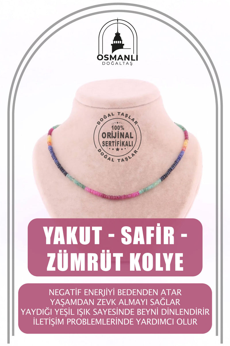 Sertifikalı Doğal Taş Kolye- Yakut, Safir, Zümrüt