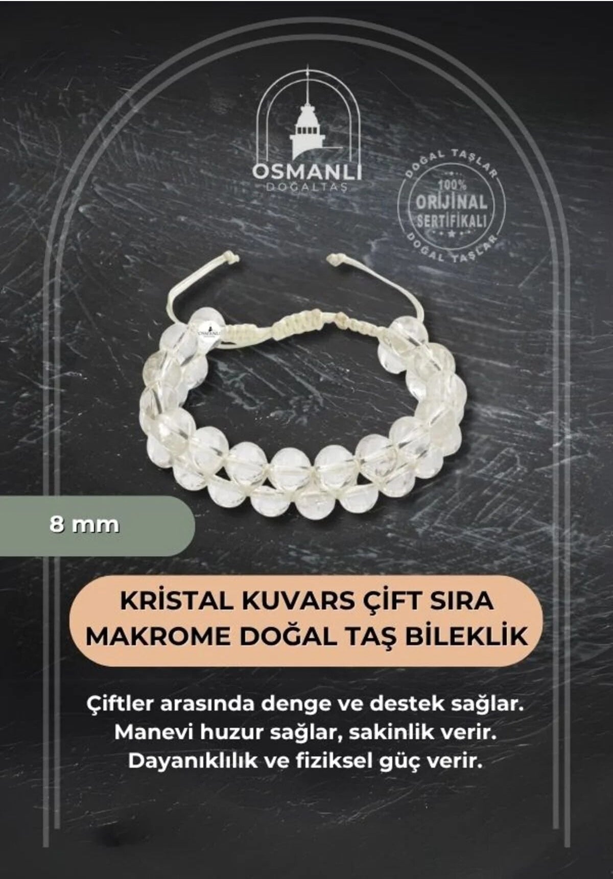 Kristal Kuvars 8mm Çift Sıra Makrome Doğal Taş Bileklik