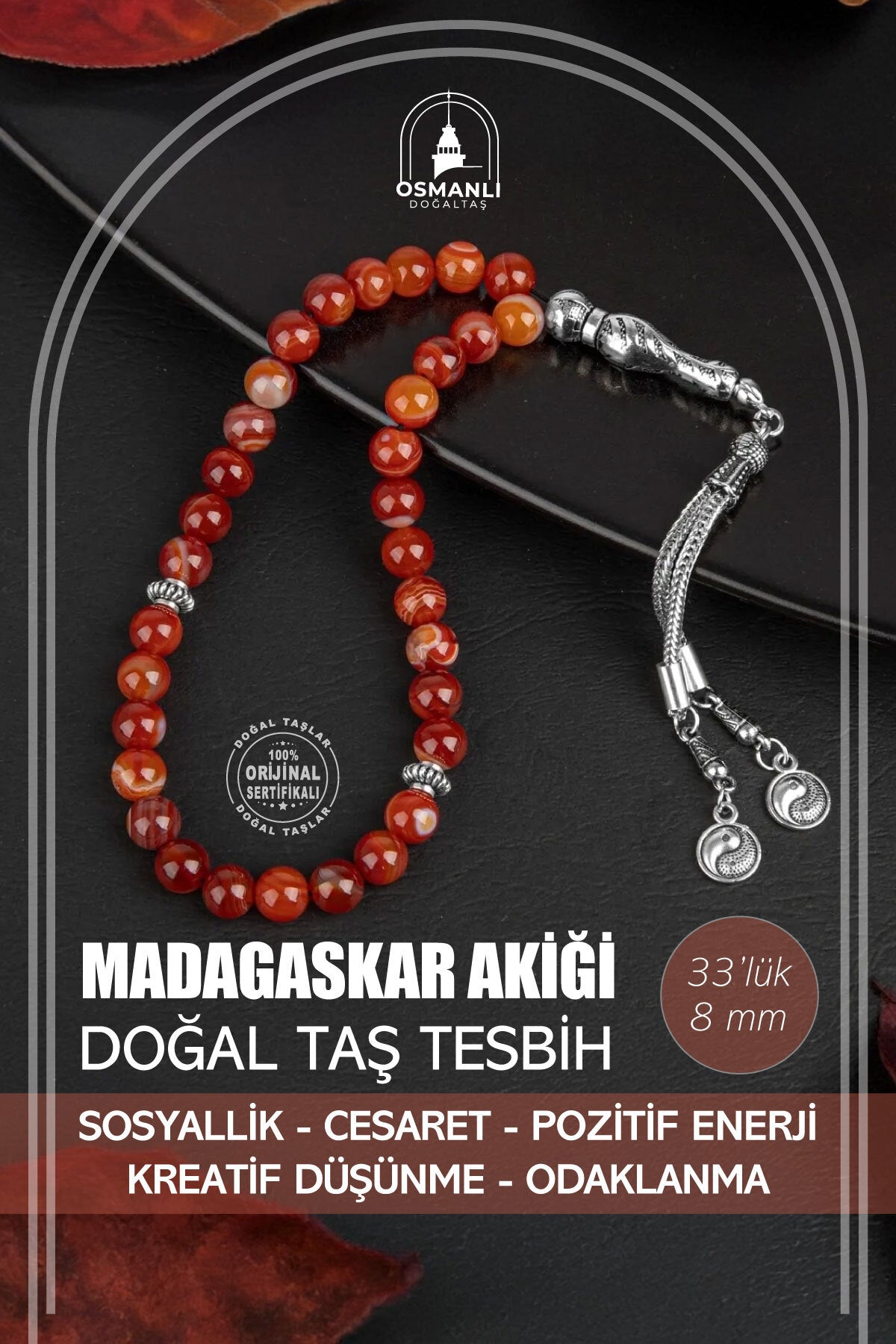 Madagaskar Akiği Doğal Taş Tesbih 33lük - 8mm