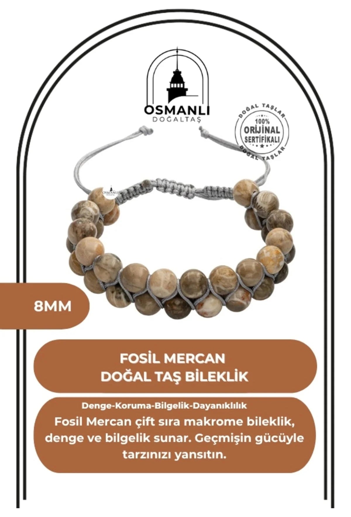 Fosil Mercan 8mm Çift Sıra Makrome Doğal Taş Bileklik