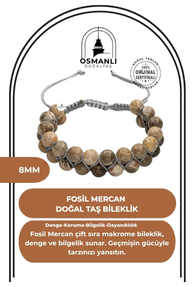 Fosil Mercan 8mm Çift Sıra Makrome Doğal Taş Bileklik