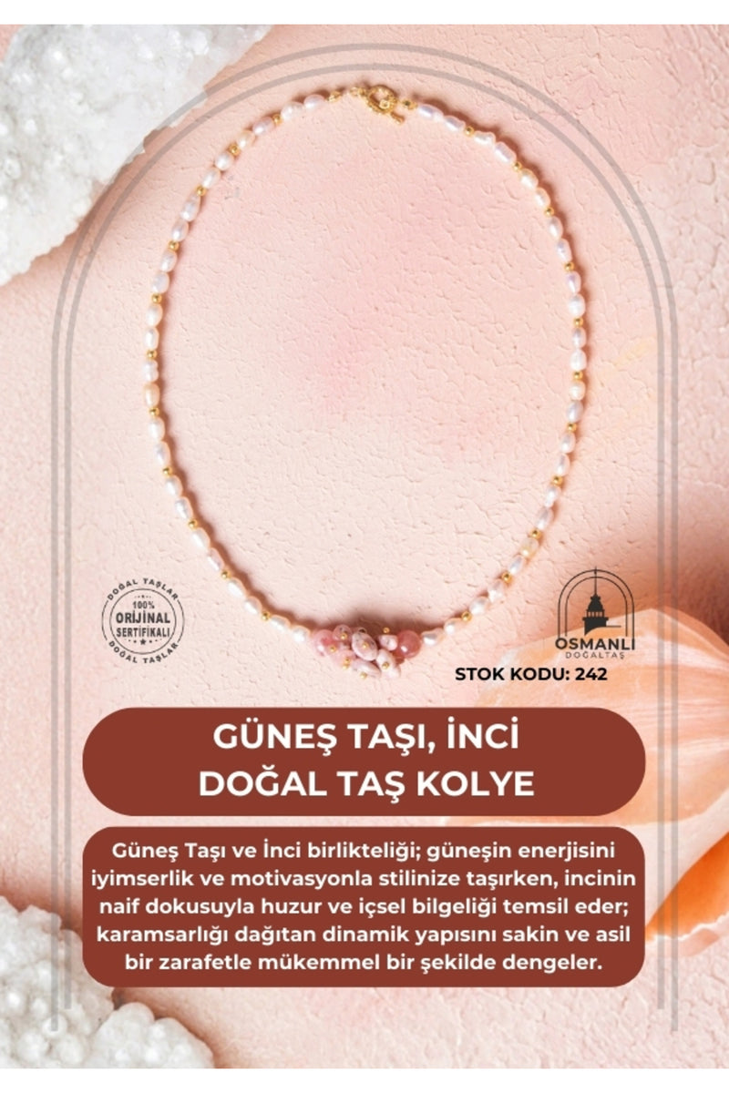 Sertifikalı Güneş Taşı, İnci Doğal Taş Kolye (SK:242)