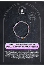 Sertifikalı Yakut, Pembe Kuvars Altın Kaplama Gümüş Kapama Bileklik