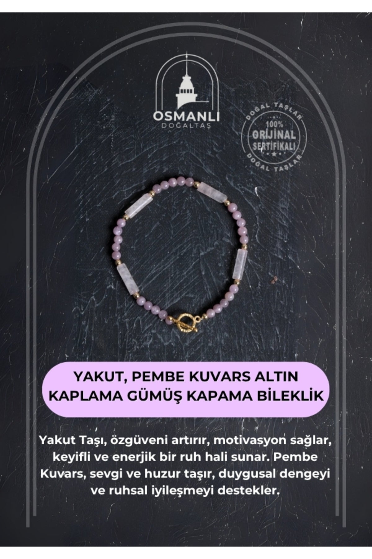 Sertifikalı Yakut, Pembe Kuvars Altın Kaplama Gümüş Kapama Bileklik