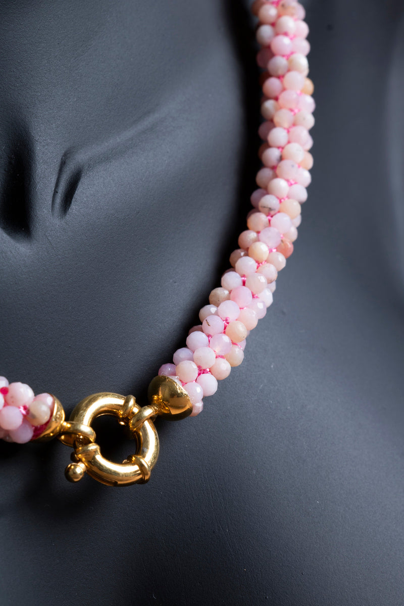 Sertifikalı El İşçiliği Örme Pembe Opal Gümüş Kapama Kolye (SK:107)