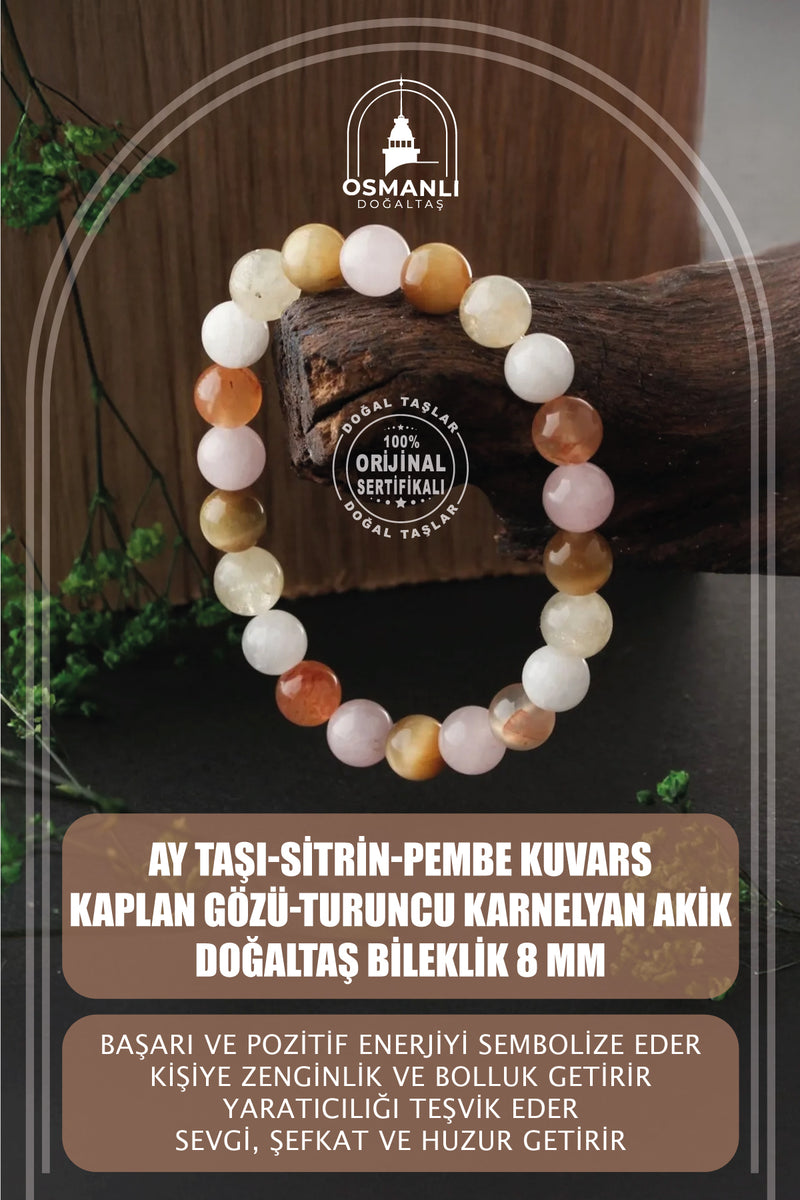 Ay Taşı, Sitrin, Pembe Kuvars, Kaplan Gözü, Turuncu Karnelyan Akik Doğaltaş Bileklik 8 mm, B936