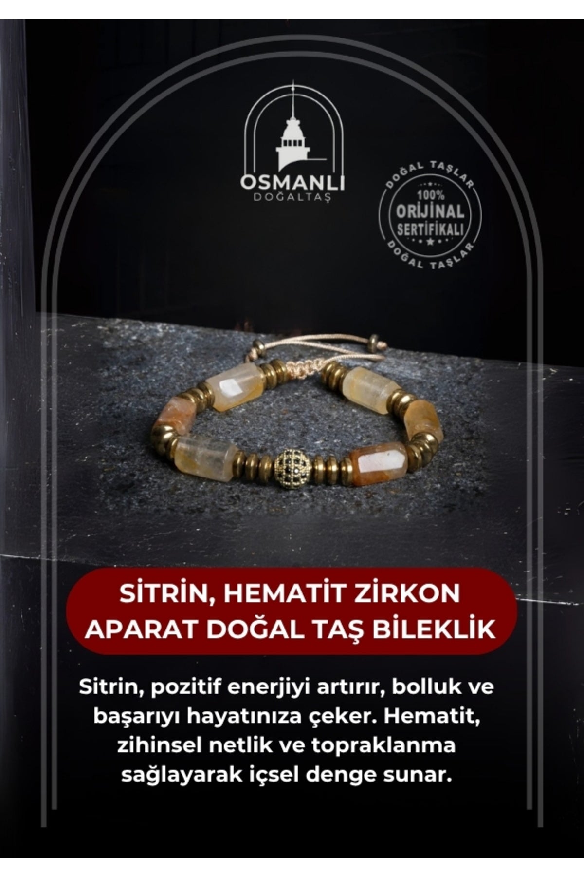 Sertifikalı Sitrin, Hematit Zirkon Aparat Doğal Taş Bileklik