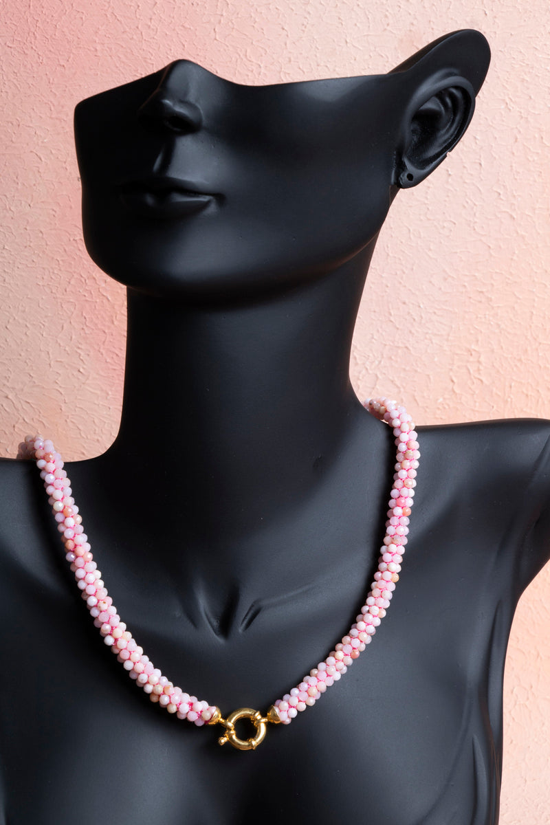 Sertifikalı El İşçiliği Örme Pembe Opal Gümüş Kapama Kolye (SK:107)