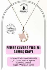 Pembe Kuvars Doğal Taş Yıldızlı Kolye, Gümüş Zincir