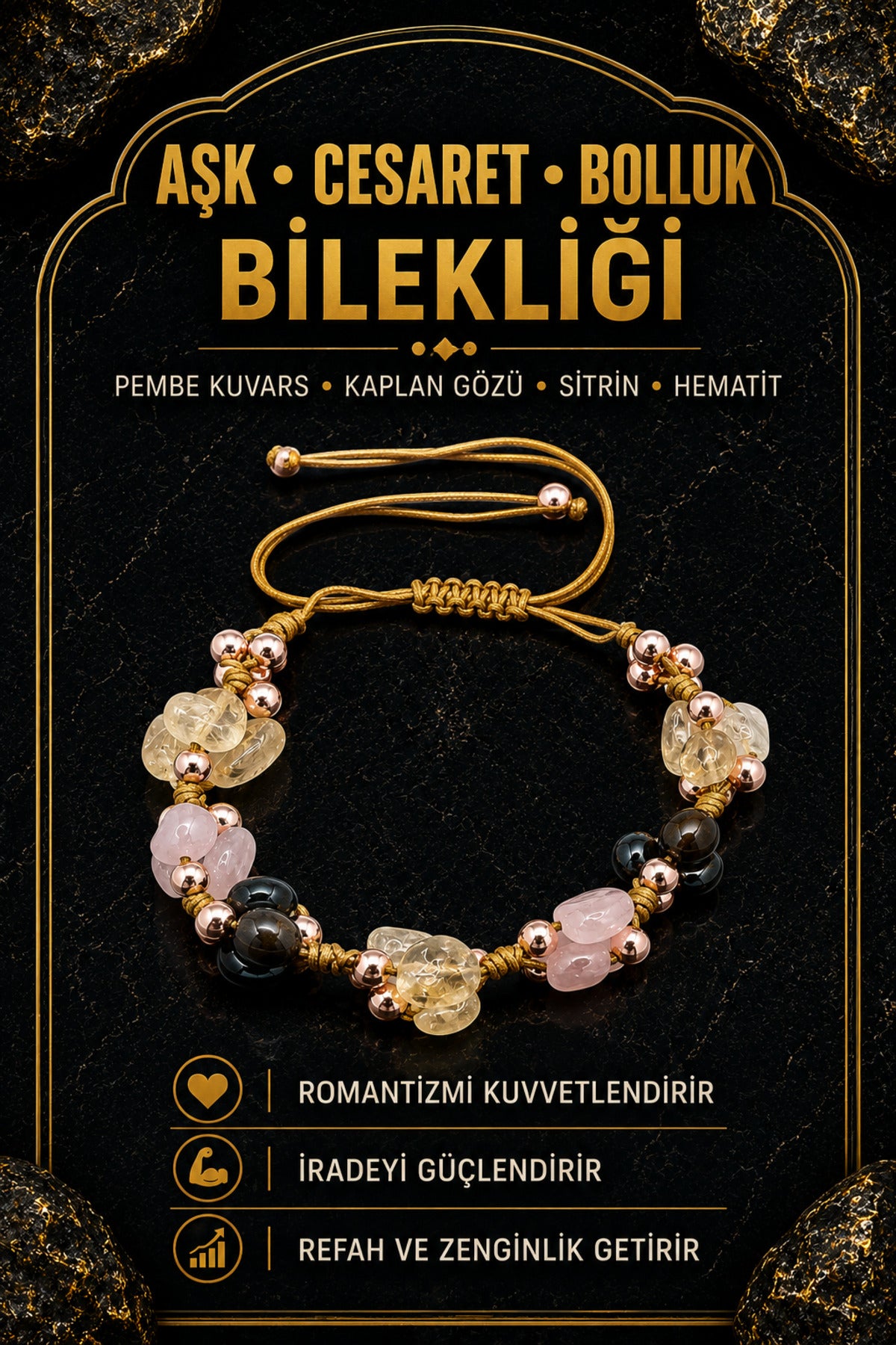 Aşk Cesaret Bolluk Bereket Bilekliği Orijinal & Sertifikalı Doğal Taş Merdiven Kapama İpli Bileklik