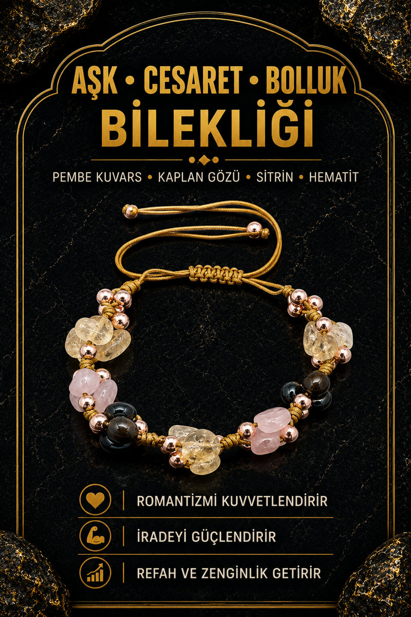 Aşk Cesaret Bolluk Bereket Bilekliği Orijinal & Sertifikalı Doğal Taş Merdiven Kapama İpli Bileklik