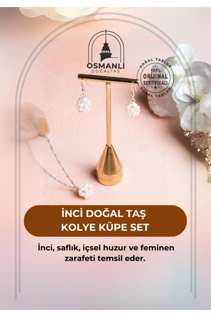 Sertifikalı İnci Doğal Taş Kolye Küpe Set