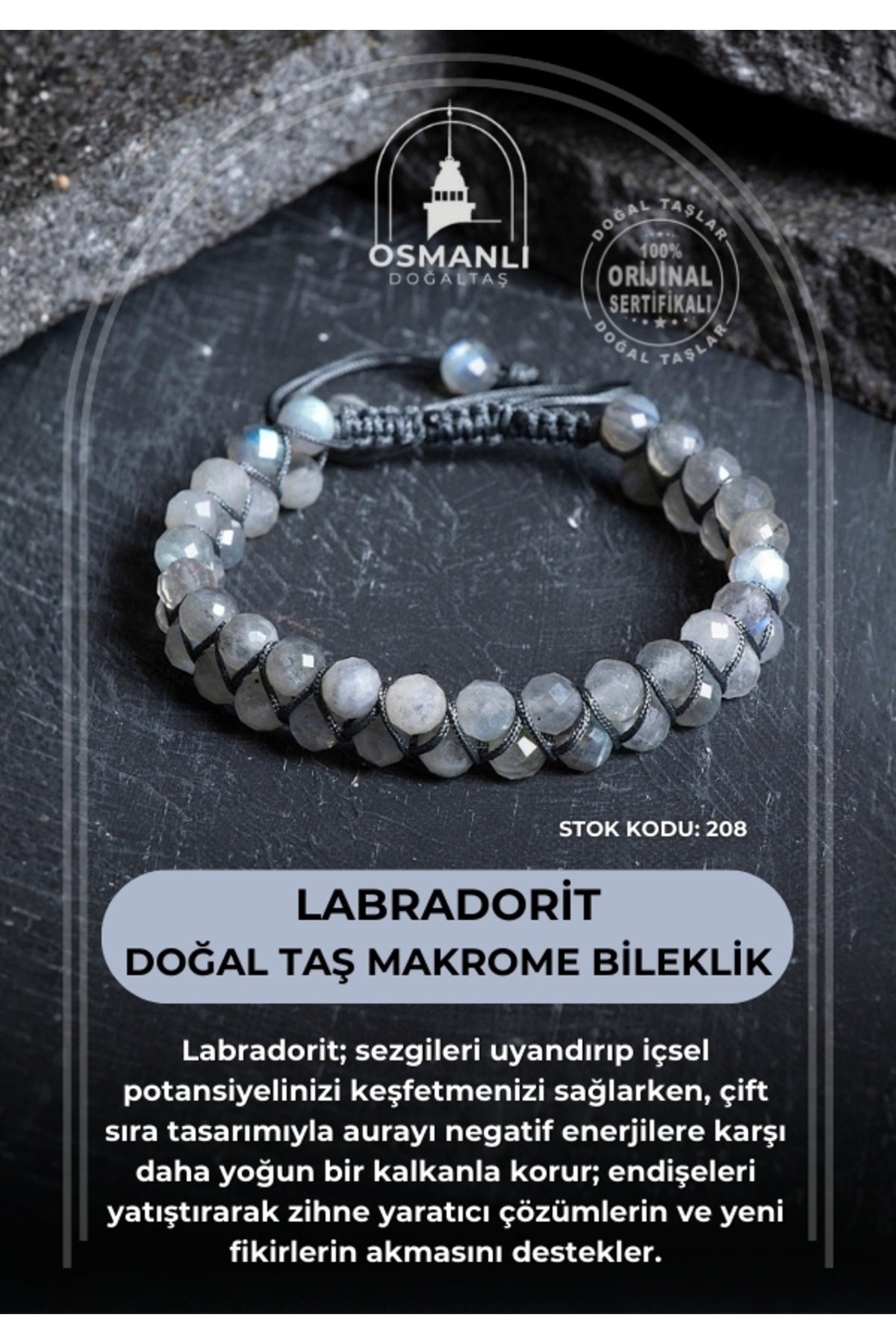 Sertifikalı Labradorit Çift Sıra Doğal Taş Makrome Bileklik (SK:208)