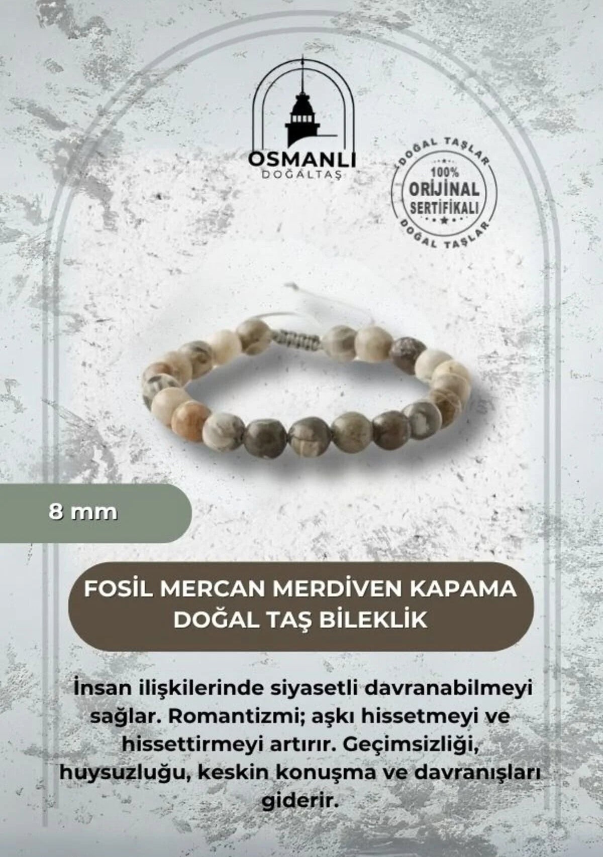 Fosil Mercan 8mm Merdiven Kapama Doğal Taş Bileklik