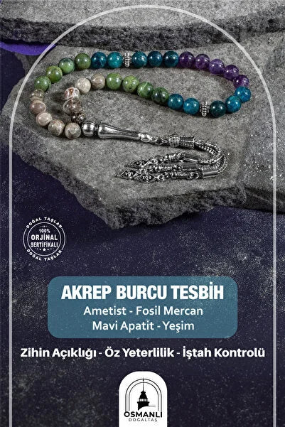 Akrep Burcu Tesbih Ametist, Fosil Mercan, Mavi Apatit, Yeşim