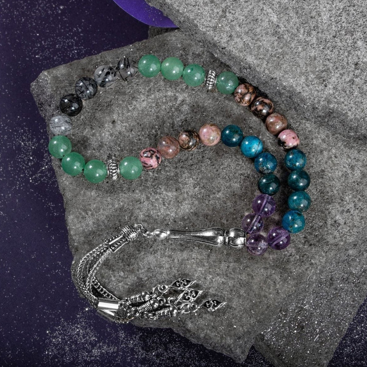 Boğa Burcu Tesbih Ametrin, Mavi Apatit, Rodonit, Rutilli Kuvars, Yeşil Aventurin